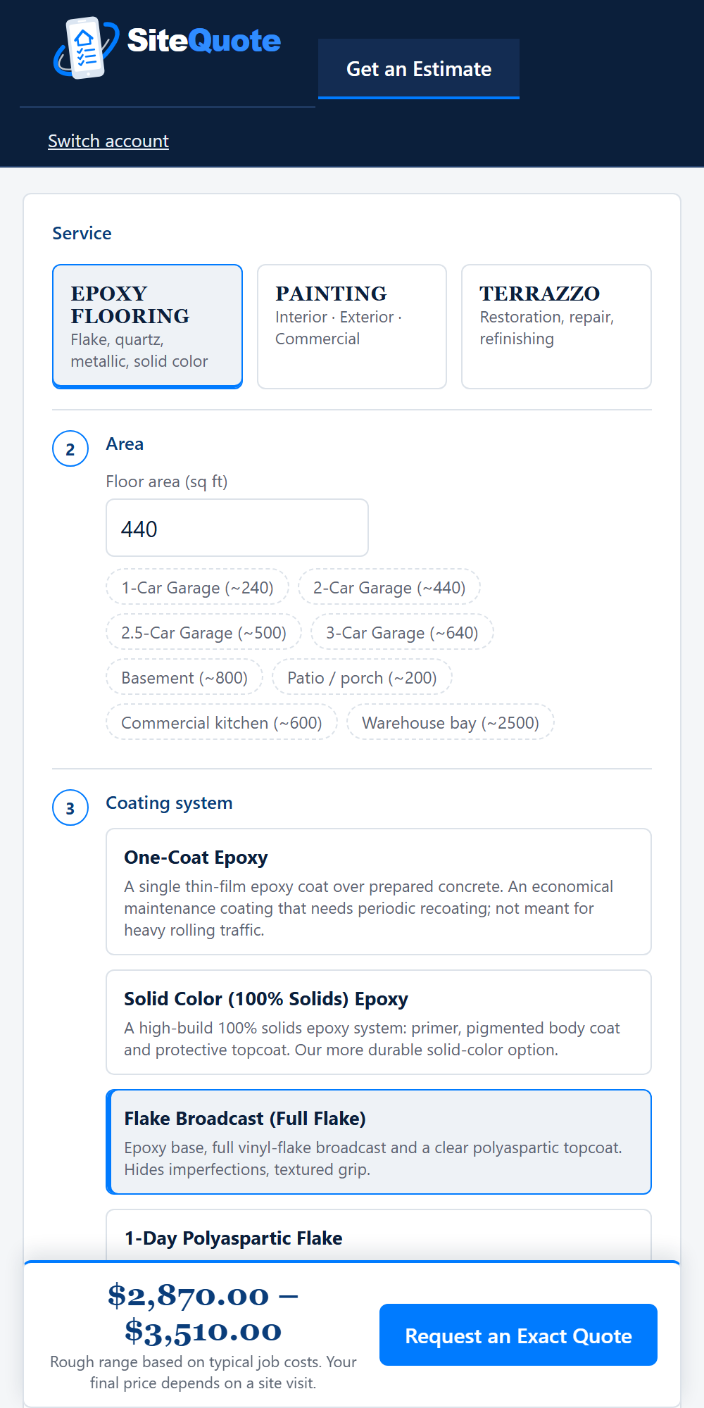 A homeowner's instant-estimate page on a phone: epoxy flooring, 440 sq ft, with a live price range of $2,870 to $3,510 and a Request an Exact Quote button